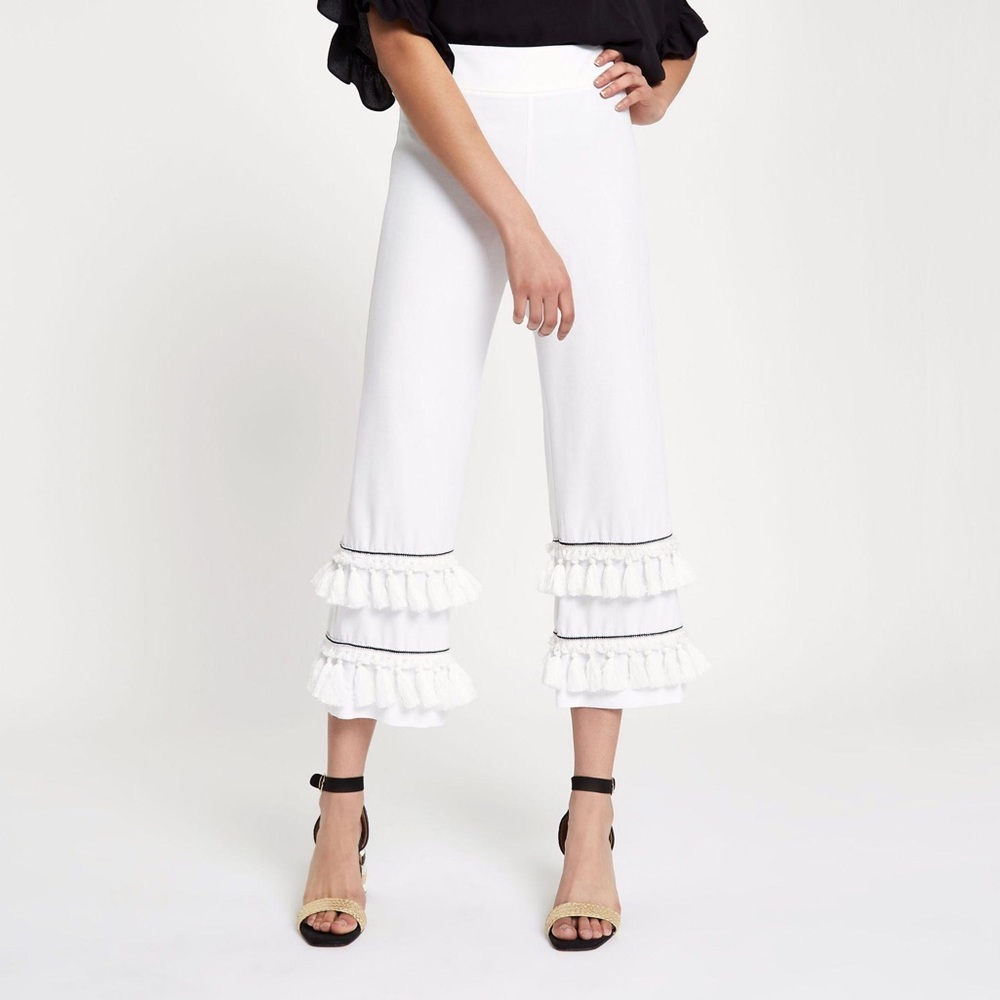 River Island - Women's White Tassel Fringe Wide Leg Crop Pants / Size 10 (uk)